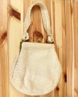 Vintage 50s CORDE BEAD Lumured White Pink Beaded Handbag bridal with Mirror Bag